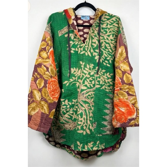 Kantha Colorful Floral Reversible Hooded Bohemian Oversized Tunic Hoodie 1 Size - Picture 1 of 4